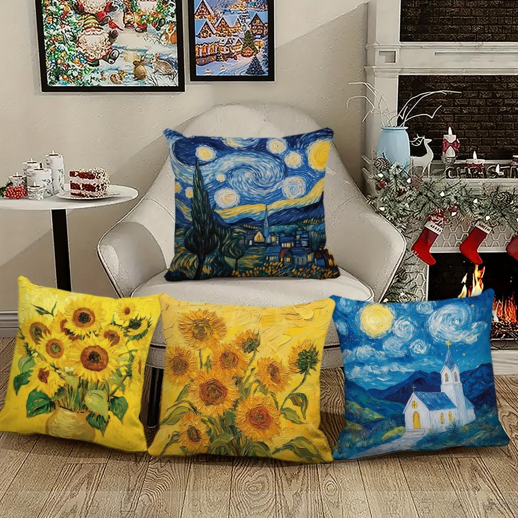 4-Pack Van Gogh Style Pillow Covers, Floral and Landscape Decorative Cushion Cases for Home, Office, Car and Outdoor Decor