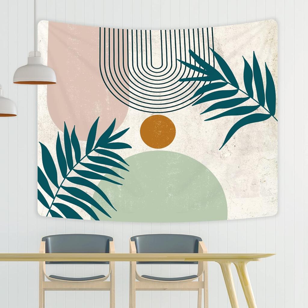 Mid Century Abstract Tapestry Boho Minimalist Sun Arch Leaves Wall Hanging Pink Green Beige Aesthetic Neutral Geometric Modern
