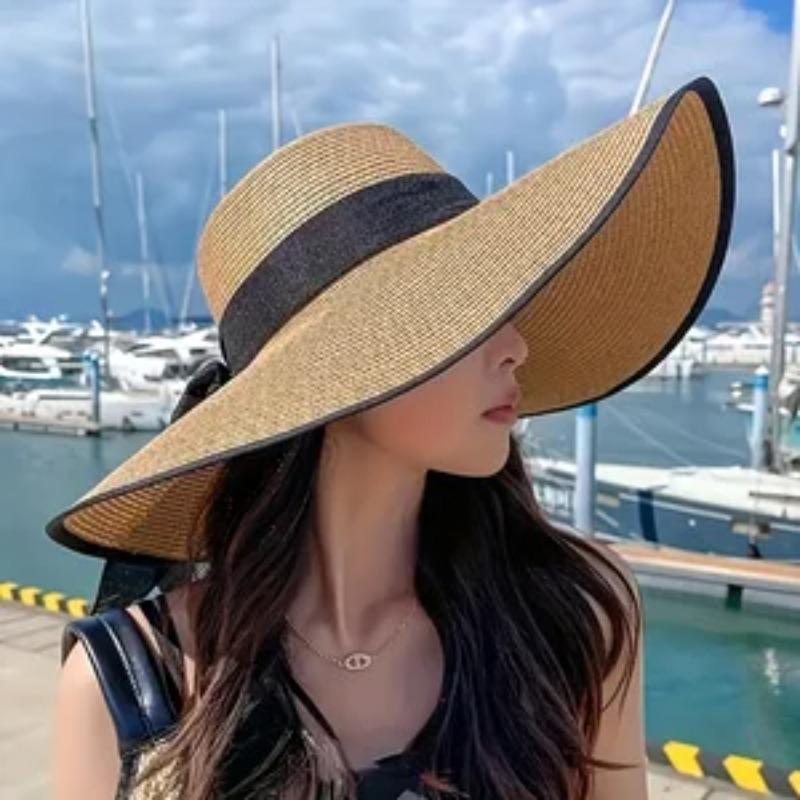 Womens Wide Brim Straw Sun Hat UV Protection Foldable Bowknot Beach Hat for Summer Travel Vacation Outdoor Use