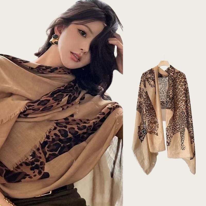 American Retro Leopard Shawl Women's Old Money Style Light Luxury New Temperament Scarf High-end Leopard Print Silk Scarf