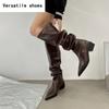 Street Style Pleated Women Knee High Boots Fashion Pointed Toe Long Booties Designer Square Heels Botas De Mujer