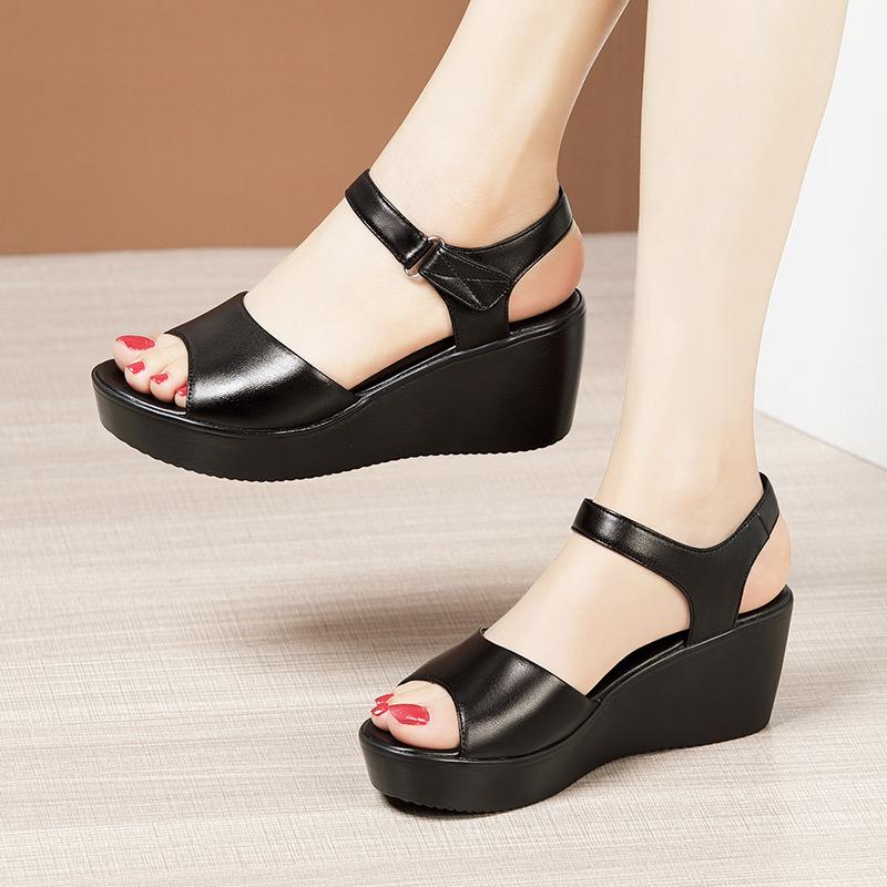 Cowhide Wedges Sandals Summer Women's Genuine Leather Shoes Platform Sandals Ladies High Heel Shoes Women Casual Flats 32-43