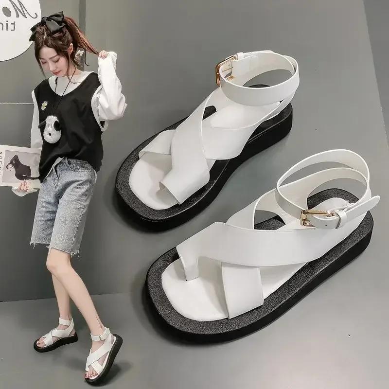 Woman Summer Fashion New Sandals For Female Students Comfortable Thick Bottom Fairy Style Cross Strap Beach Sandals