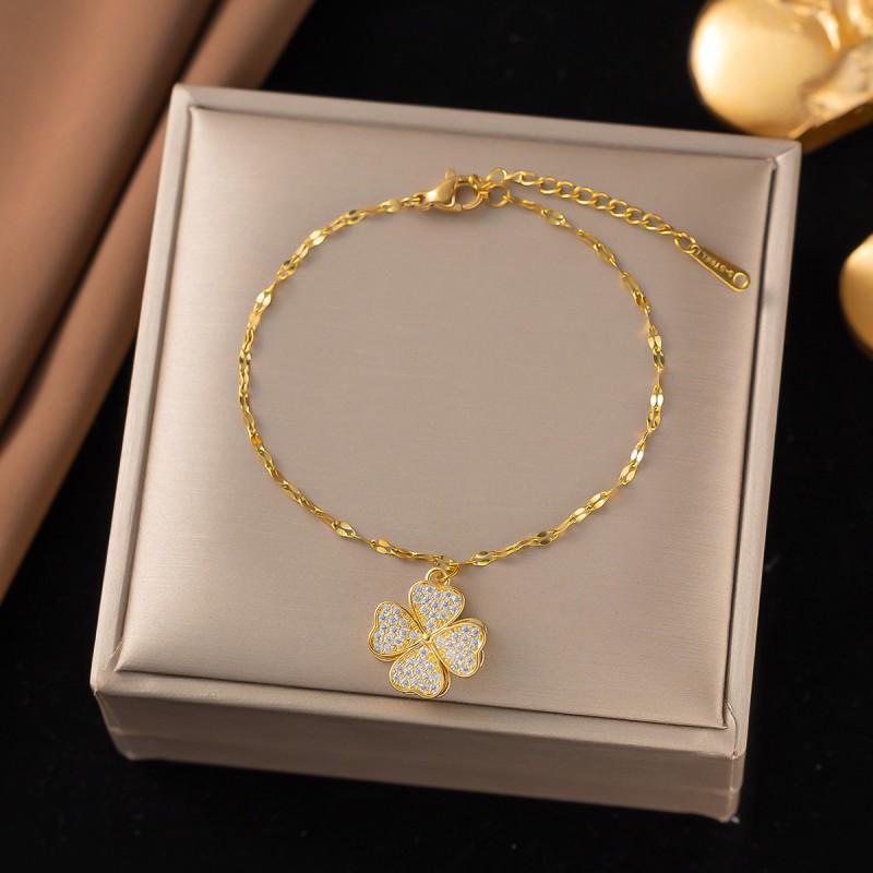 Elegant Four Leaf Clover Jewelry Set Women Gold Plated Stainless Steel Necklace Bracelet Earrings With Water Wave Chain