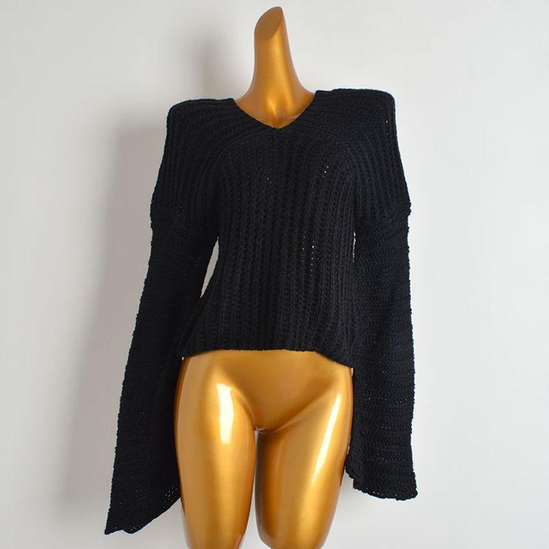 Spring & Fall New Lazy Wind V-neck Long-Sleeve Knitwear Women's Clothing Sexy Cutout Bell Sleeve Loose Sweater Top