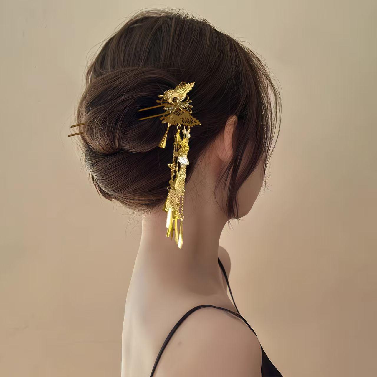 Ancient Gold Butterfly Tassel Hairpin for Women s Hanfu Updo