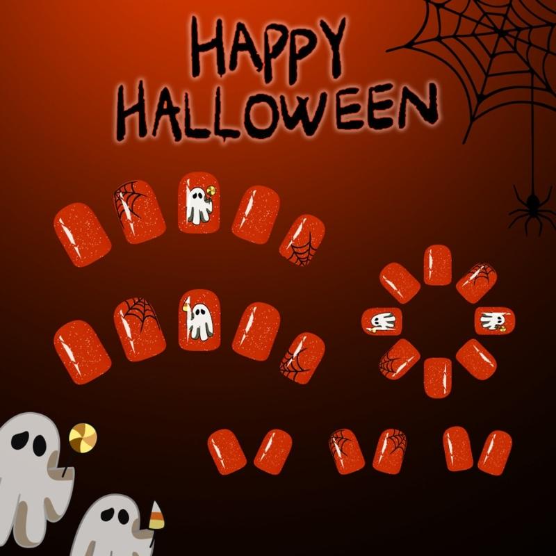 24PCS Reusable Press On Nail Halloween Theme Featuring Spooky Cobweb Skull Patterns And Comfortable ABS