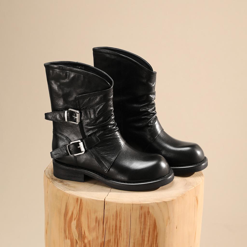 Leather thick heel retro pleated short boots women's autumn and winter new belt buckle velvet warm and thin leather boots