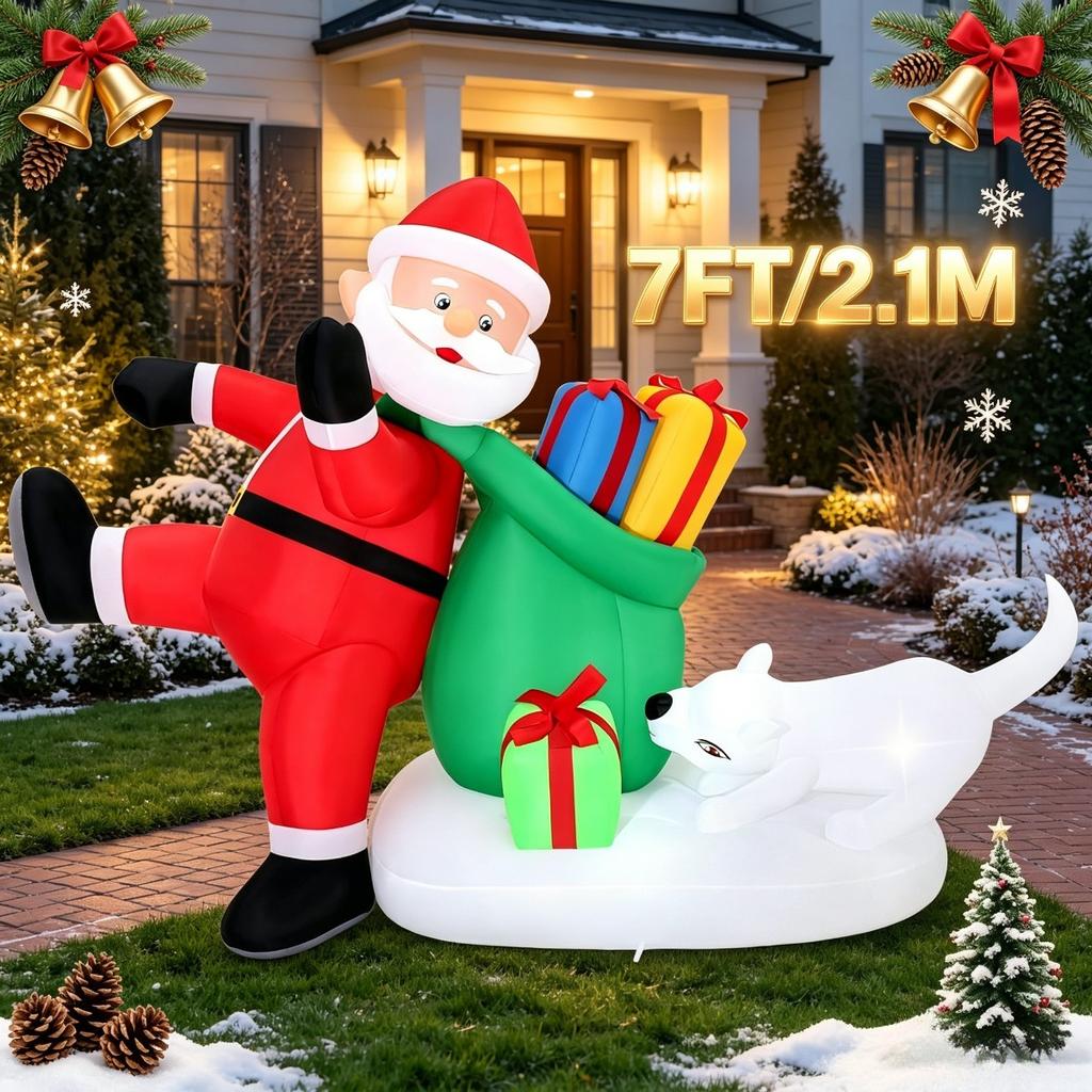 7FT/2.1M Inflatable Santa Claus Leaning on Gift Bag with White Dog, Outdoor Yard Decor