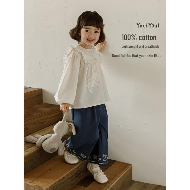 YOYO Girls' Flying Bird Embroidered Cotton Doll Blouse