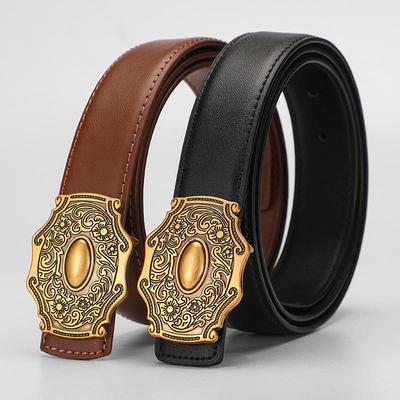 Genuine Cowhide Retro Carved Women's Belt - Simple Literary Style for Denim Casual Wear