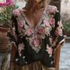 Women T-shirt V-Neck Short Sleeve 3D Imitation Jacquard Flower Decor Pullover Tops Loose Fit Summer Blouse Daily Wear