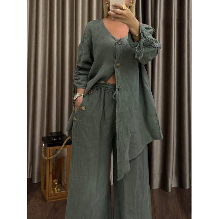 Cotton Linen Irregular Button Shirt Set Women Spring Autumn Casual Loose Retro V-Neck Cardigan + Wide-leg Long Pants 2piece Set