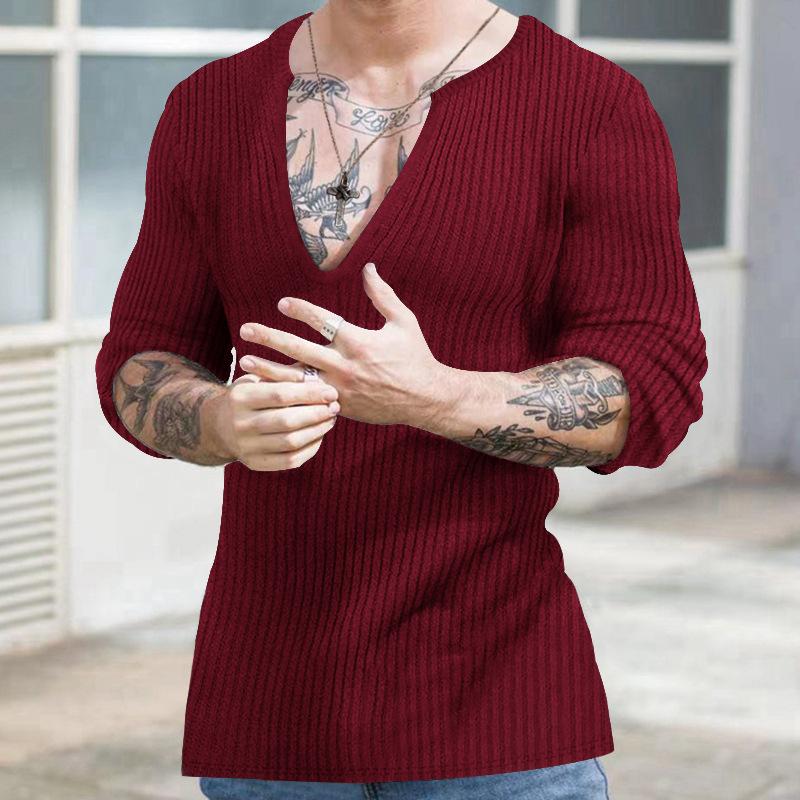 Amazon Cross-border 2023 European and American Men's Casual Autumn and Winter Deep V-neck Slim-fitting Long-sleeved Solid-color Knitted Bottoming
