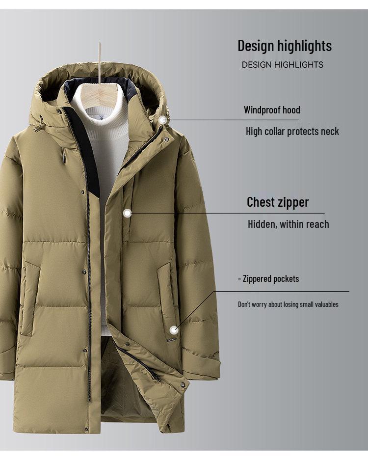 Men's Mid-Length Hooded Black Down Jacket - Thickened Winter White Duck Down Coat for Warmth