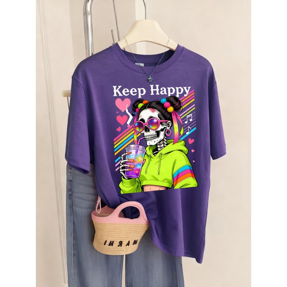 Keep Happy Colorful Drinks Skulls Print Women T Shirt Breathable O-Neck T-Shirt Sport Summer Clothes Multicolor Short Sleeve