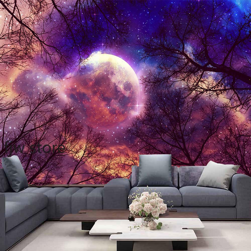 Home Decor Forest Night Ceiling Forest Tapestry Wall Hanging Psychedelic Tree and Moon Fabric Tapestry Tapiz