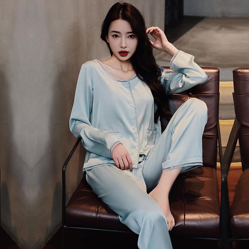 Women’s Ice Silk Lace Pajama Set Long Sleeve Top and Pants Spring Summer Autumn Elegant Palace Style Loungewear
