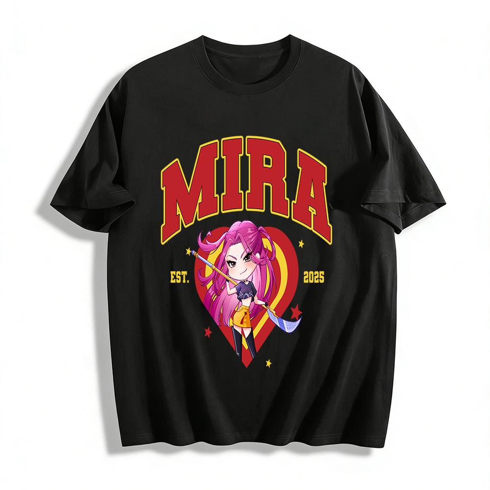 

2025 New American Campus Style MIRA Pink Hair Cool Girl Print T-Shirt Trendy Casual Short Sleeve Top Pure cotton T-shirt XXS
