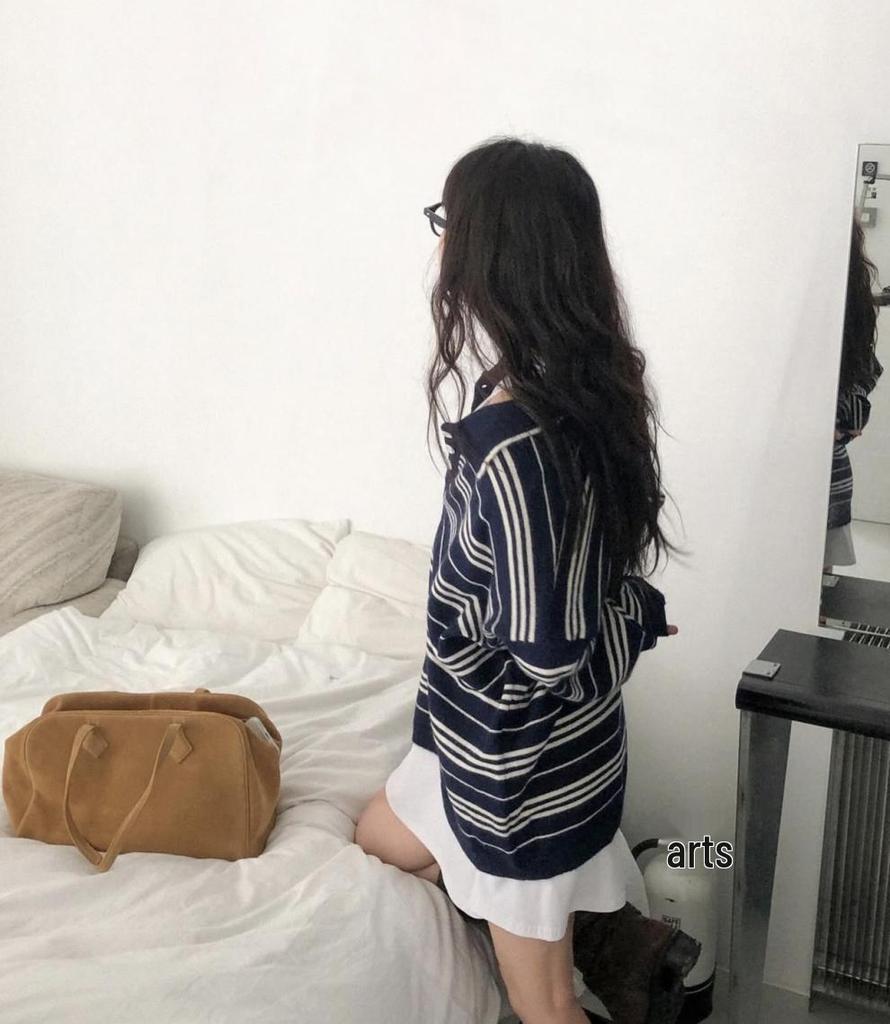 Korean Chic Striped Polo Collar Sweater - Loose Knitwear