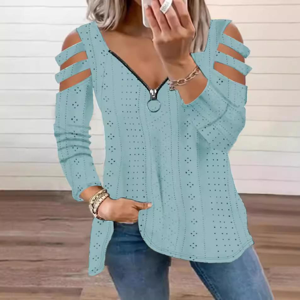 

Женская однотонная свободная футболка с длинным рукавом и V-образным вырезом на молнии XXL синий