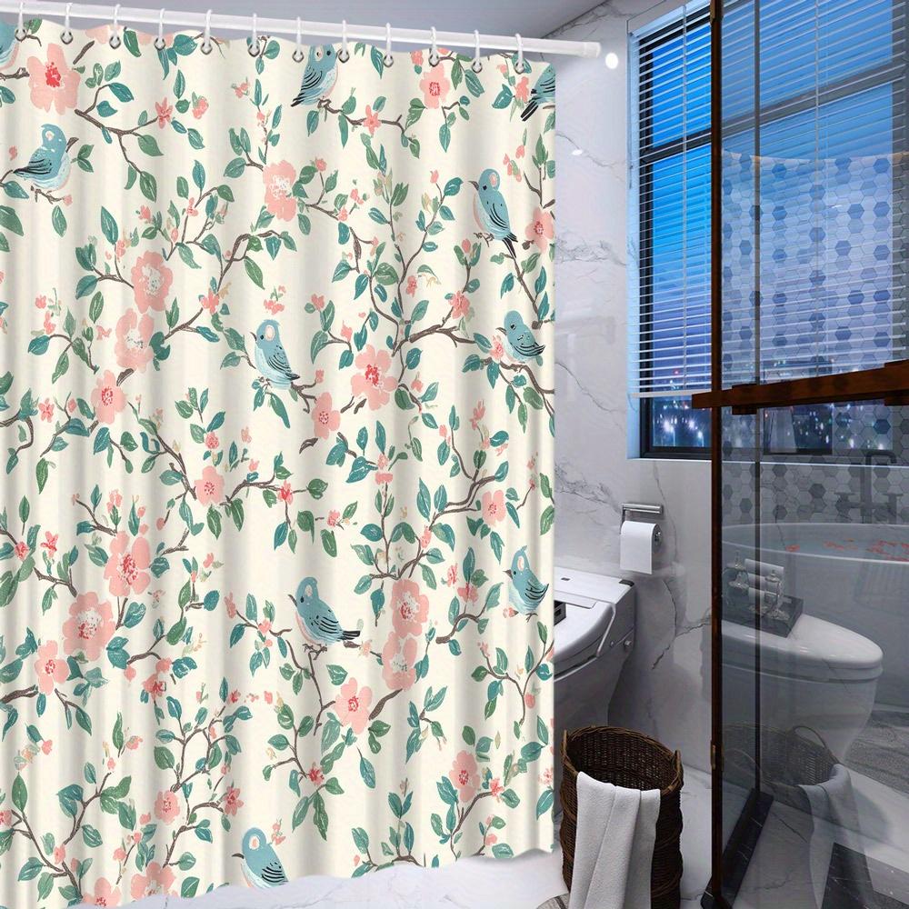 Vintage Style Light Blue Bird And Pink Flowers Shower Curtain - Modern Simple Polyester Fabric Bathroom Decor With Hooks