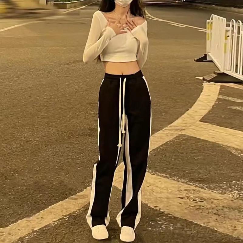 Women's Pants Black and White Stitching Casual Pants Sports Hundred Loose Straight Drape Dragging Wide Leg Pants