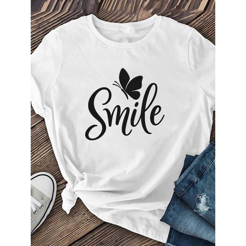 Short-Sleeved Crew Neck T-Shirt for Women Featuring Black And White Lettering, Along with Smiling And Butterfly Designs, Ideal for Family Outfits