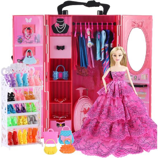 106Pcs Doll Clothes and Accessories Closet Wardrobe Playset for 11.5 Inch Girl Dolls Including Wardrobe, Shoes Rack ,Suitcase, Clothes, Dresses,