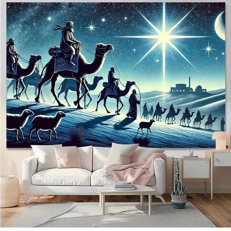 1pc Large Wall Hanging Tapestry Starry Night Desert Scene with Camels Mary Jesus Middle Eastern Biblical Backdrop for Hom