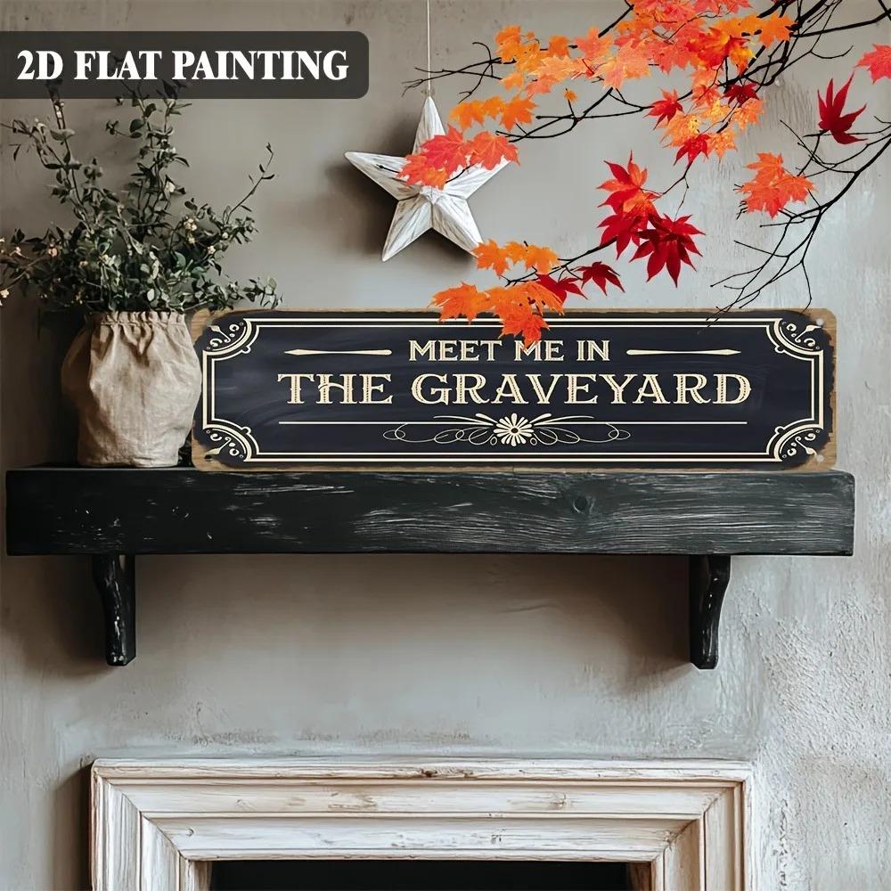 Spooky Graveyard 2D Flat Metal Sign, Gothic Wall Art for Bathroom, Cottage and Christmas Decor