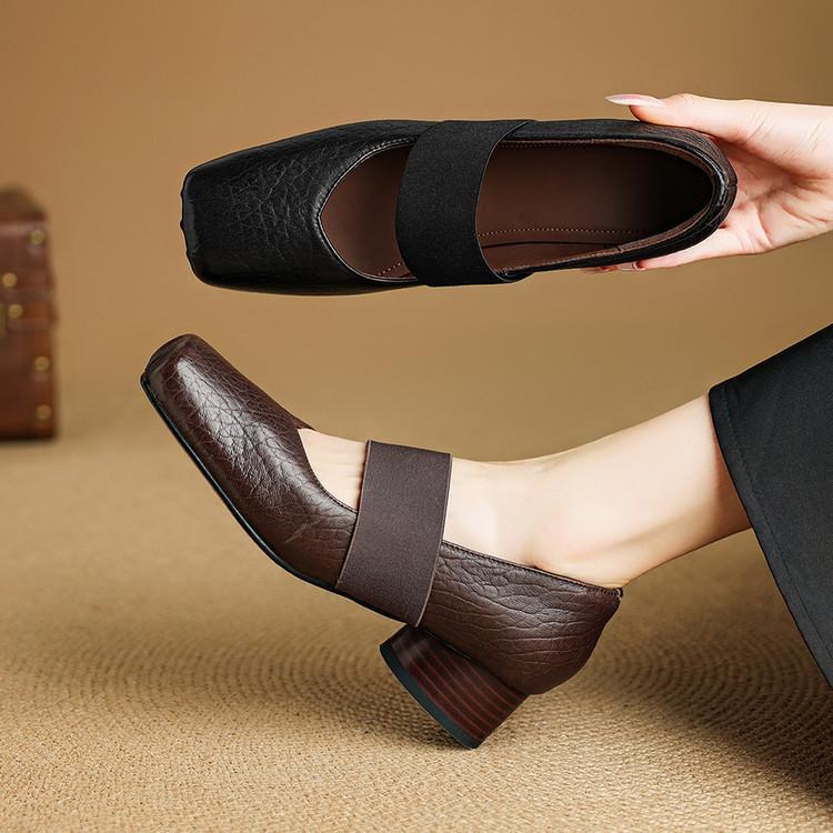 French square head shallow mouth leather single shoes women's 2025 autumn elastic band medium heel thick heel soft sheepskin Mary Jane shoes women