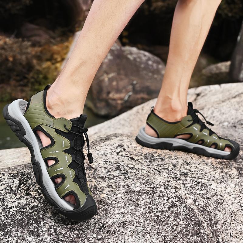 Men's Leather Sandals Summer Outdoor Hiking Shoes Water Wading Anti Slip Toe Wrapped Beach Shoes Size 38-45
