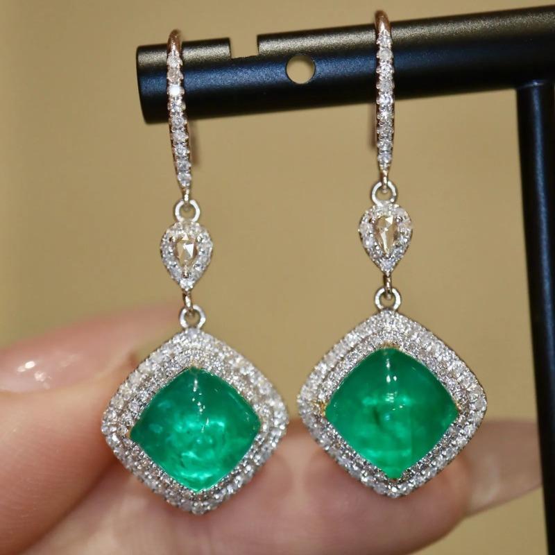 Luxurious Women's Bright Square Earrings Set with Green Stone Earrings, Full Circle Zircon, Elegant High-end Commitment Jewelry