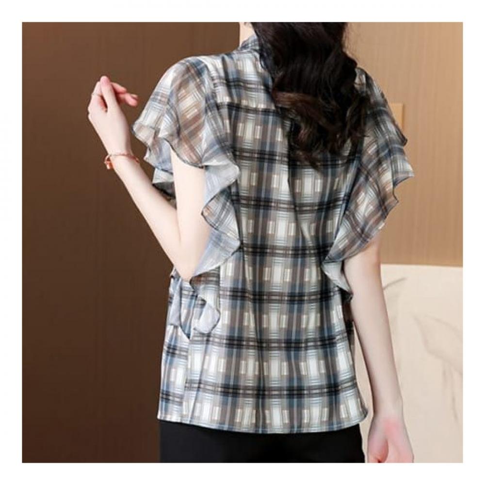 Navava Vintage Frill Check Cap Sleeve Blouse Nb2127