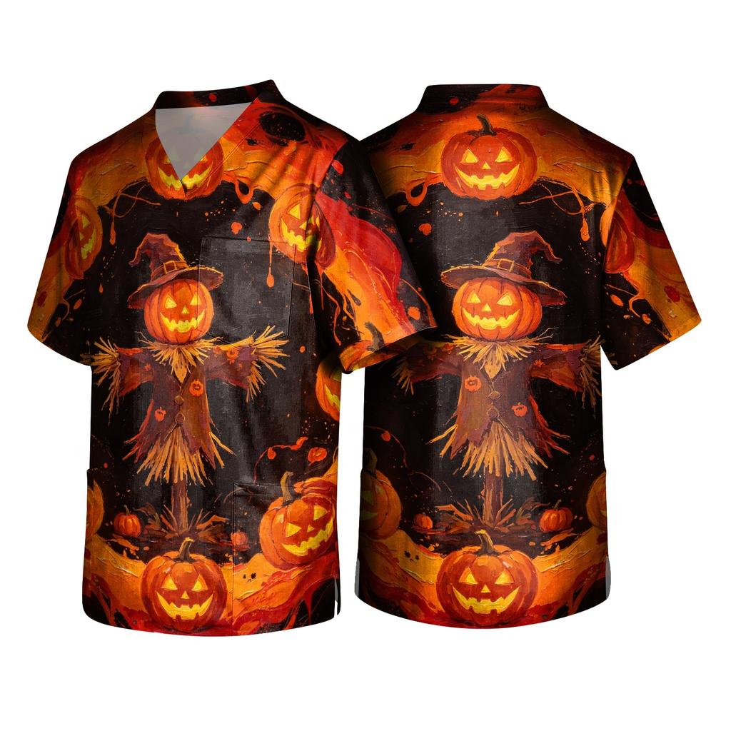 Men's Halloween Printed V-Neck Scrub Top Short Sleeve with Pockets for Work Uniform
