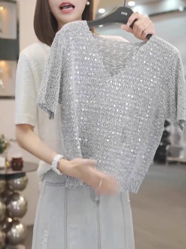 

Топ большого размера 2025 с пайетками и V-образным вырезом, вязаный - Свободный крой, Короткий рукав, Стильный полый дизайн