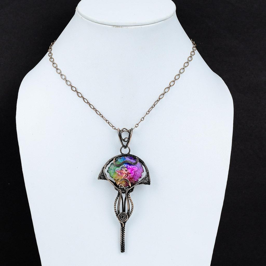 Rainbow Solar Quartz Druzy Pendant Copper Wire Wrapped Pendant Handmade Elegant Jewelry Boho Hippie Pendant Gemstone Copper Jewelry For Gift