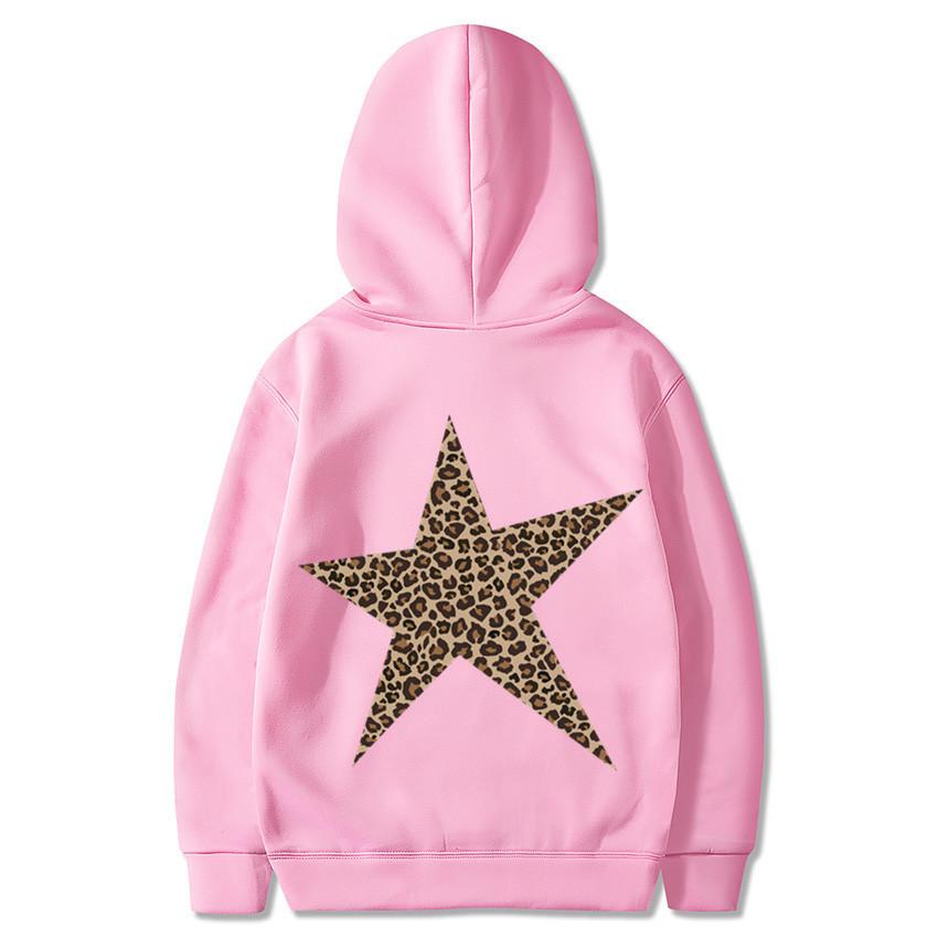 Mode Einfacher Leopardenmuster Fünfzackiger Stern Kapuzenpullover Lässig Locker Kängurutasche Kordelzug Pullover Oberteile