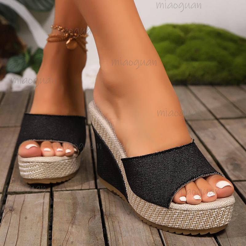 Blue Denim Wedge Sandals for Women Peep Toe Chunky Platform Slippers Woman 2025 Summer Comfort Thick Sole Beach Slides
