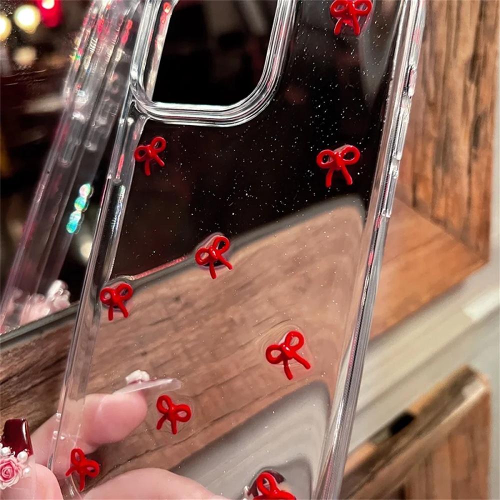 Glitter 3D Little Red Bowknot Case For iPhone 17 Air 16 15 12 11 Pro Max 14 Plus XS MAX XR Girl Clear Epoxy Soft Cover