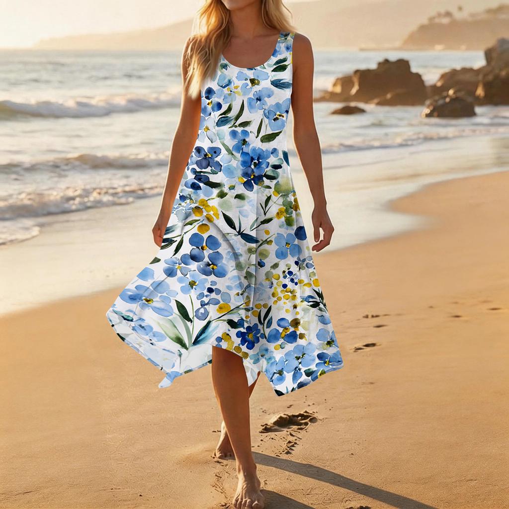 Women's Casual Fashion Round Neck Sleeveless Floral Print Midi Dress with Irregular Hem