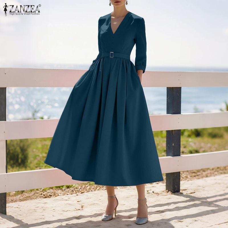 ZANZEA Abito Lungo Casual Elegante da Donna con Scollo a V, Colore Unito, Manica 3/4