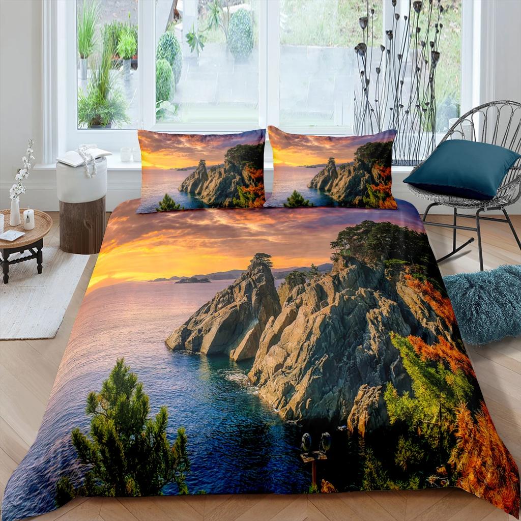 Naturlandskap King Queen Påslakan Lägereld Camping Sängkläder Set Tonåringar Vuxna Natthimmel Skogsscen Polyester Täcke