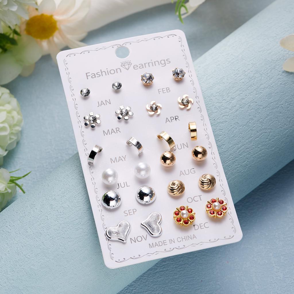 12 Pairs/set Crystal Simulated Pearl Stud Earring Sets For Women Shiny Rhinestone Flower Moon Star Metal Earring Mixed Zircon