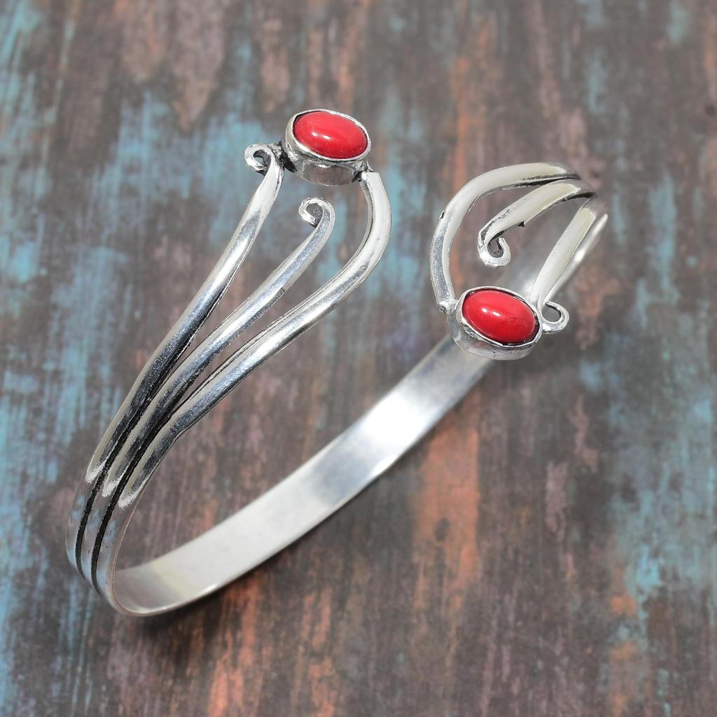 Amazing Italian Red Coral Gemstone Handmade Jewelry 925 Sterling Silver Bangle Adjustable