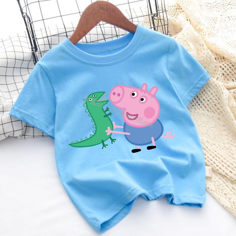 Peppa Pigs T-shirt for Children Cartoon Anime Tee Top Pink Blue Round Collar Clothes Boys Girls Short Sleeve Kids Clothing Gift