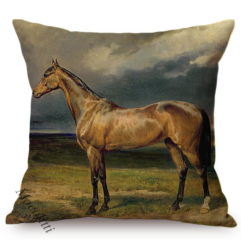Horse Oil Painting Racehorse Mare Pattern Cushion Cover Nordic Farm Animal Design Cotton Linen Sofa Decoration Throw Pillow Case