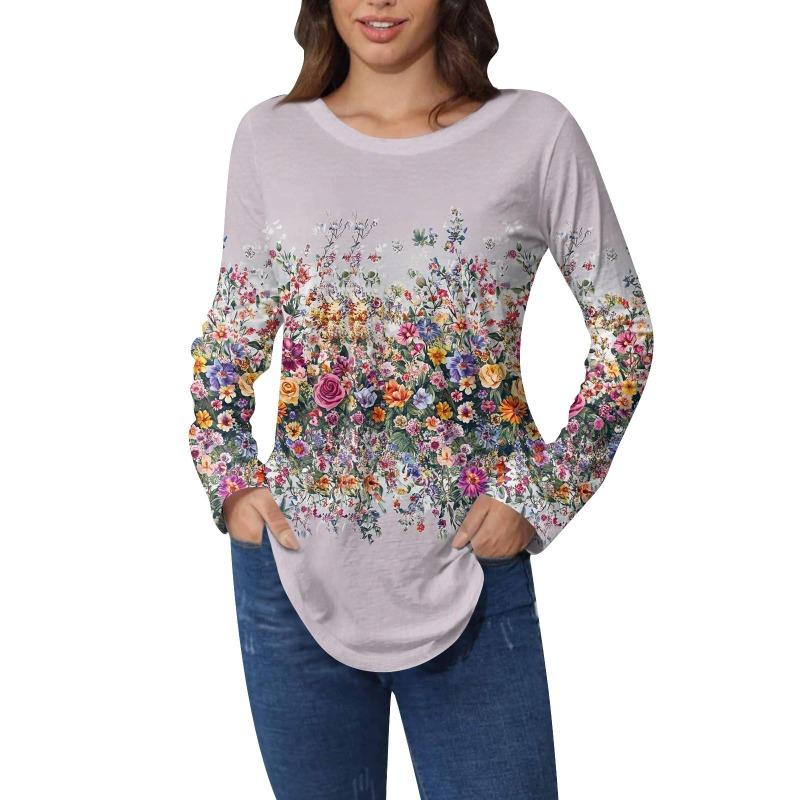 Shirts for Women Cute  Vintage Pattern Print T-Shirt Long Sleeve Tunic Tops Cotton Pullovers T-Shirts Women’s