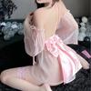 Chinese Ancient Style Cute Floral See Through Halter Dress Pink Kimono Backless Sexy Lingrie Women Outfit Costume